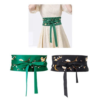 

Elegant Women Embroidered Bow Tie Obi Belt Corset Sash Tie Wide Waistband
