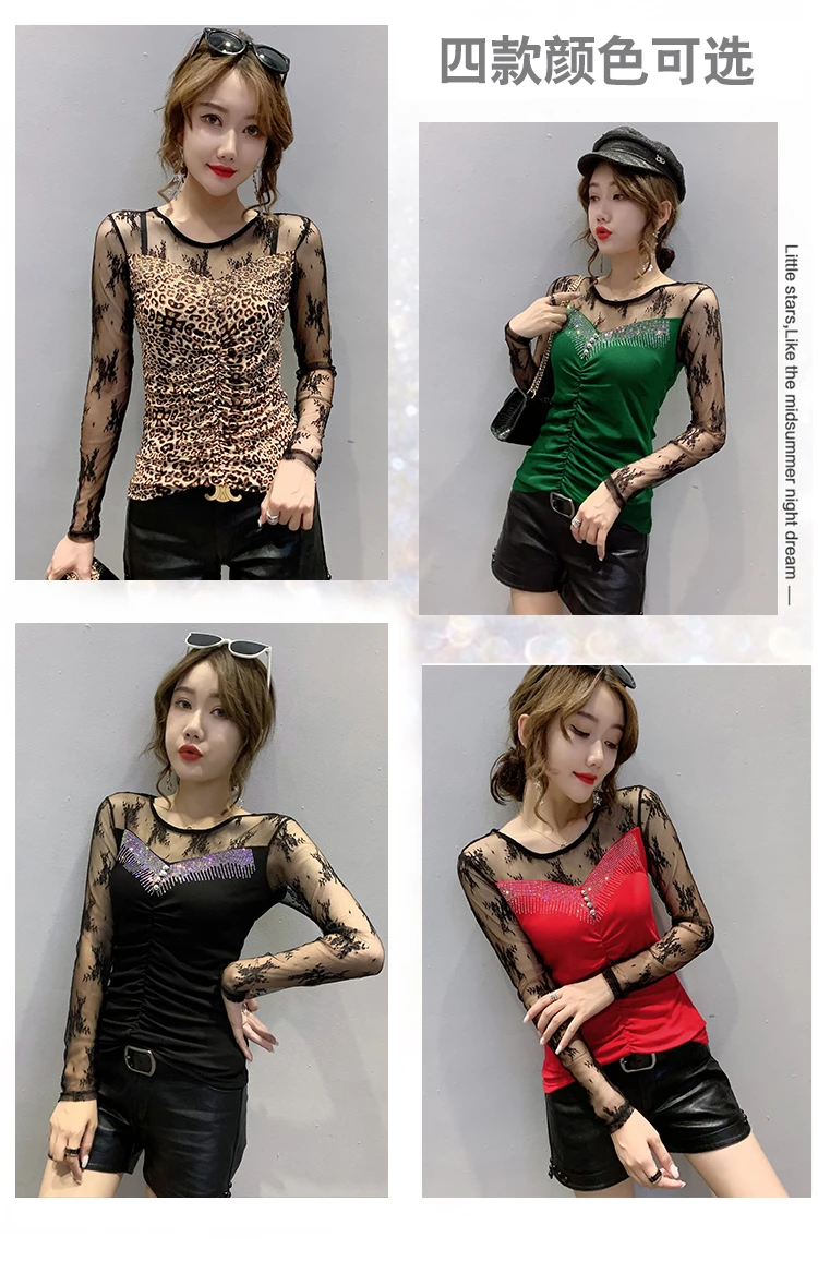 New 2020 Autumn long sleeve Women t-shirts Fashion Sexy hollow out Hot drilling Mesh shirt Plus size womens shirt blusas