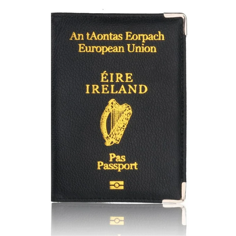 

New Litchi Pattern European Union Ireland Leather Passport Cover Women Holder with Copper Angle Credit Card Document Holder