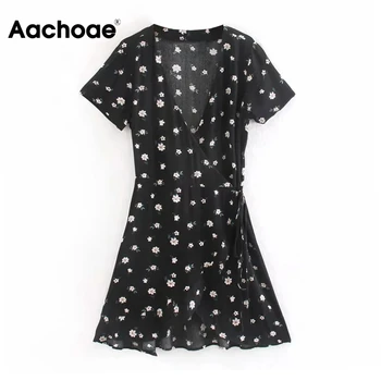 

2020 Summer Floral Print Wrap Mini Dress Women Sexy V Neck Boho Beach Dress Casual Short Sleeve Vintage Dresses Robe Femme