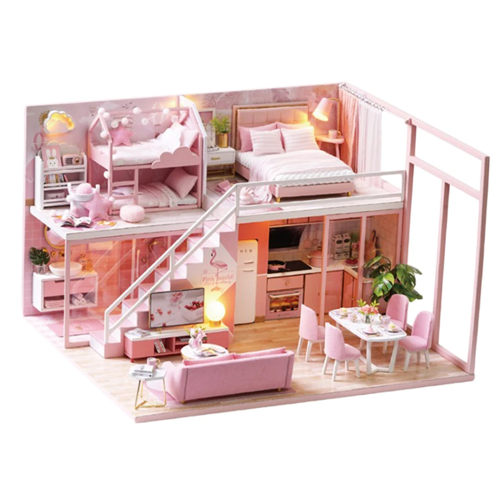 

1/24 Wooden DIY Dollhouse Kit Simple The Bedroom Pink w/ LED Light Hand Toys