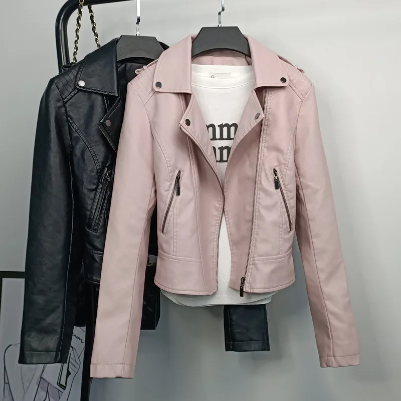 

Spring Autumn Fashion Pink Leather Moto Jacket Ladies Short Faux Leather Jacket Korean Turn-down Collar Women Tops High Quality