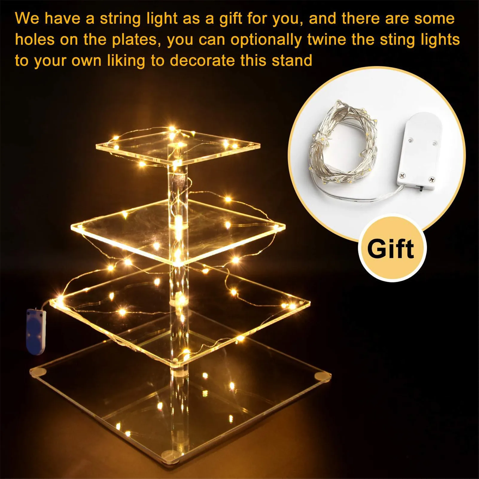 4-Tier Cake Plate Stand LED Light String Cupcake Holder Acrylic Cupcake Display Stand Holder Wedding Party Decoration Cake Tools