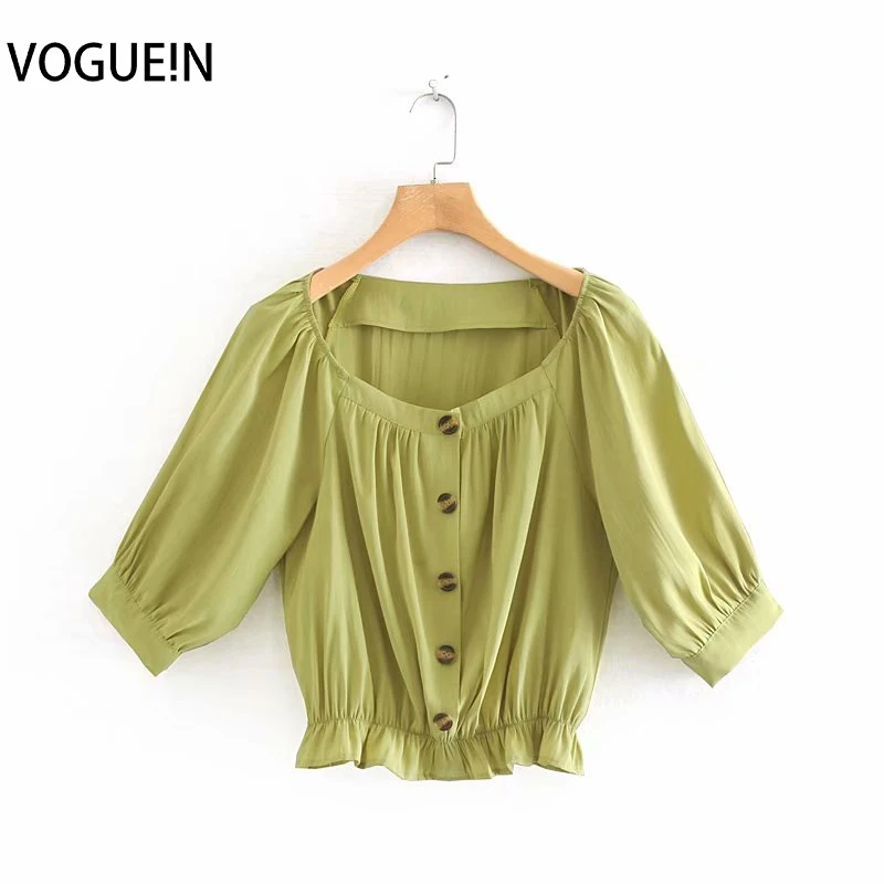 

VOGUEIN New Womens Summer Casual Solid Light Green 3/4 Sleeve Short Top Blouse Shirt Wholesale