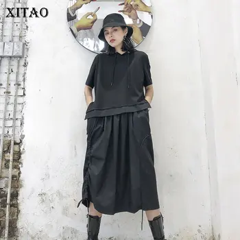 

XITAO Minority Spliced Fake Two-piece Dress Women Short Sleeve French Style Was Thin Hooded Dresses Women Clothes 2020 GCC3515