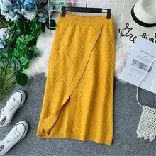 LUOSHA/Женская осенне-зимняя трикотажная клетчатая юбка с разрезом на один шаг, женские юбки, повседневная миди юбка куртка Femme