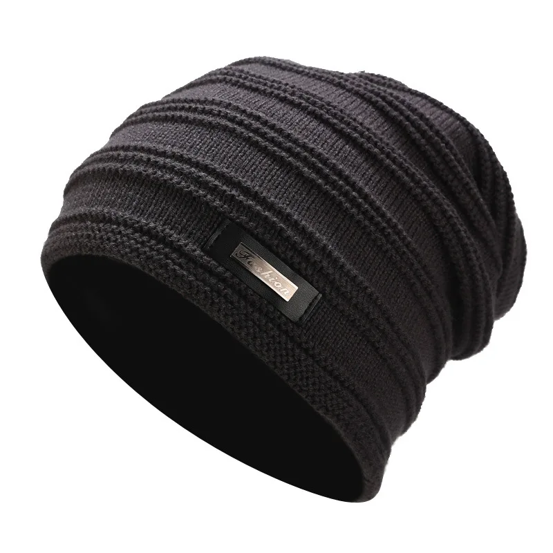 Зимняя вязаная шапка для мужчин с флисовой подкладкой, шапка унисекс, полосатая громоздкая шапка с накладным текстом, модная красная, черная, коричневая, темно-серая - Цвет: dark gery