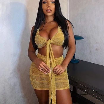 

Sparkly Backless Dress Women Strap Sleeveless Tops Mini Summer Dress Skirt Two Pieces Set female Party Dress Outfits