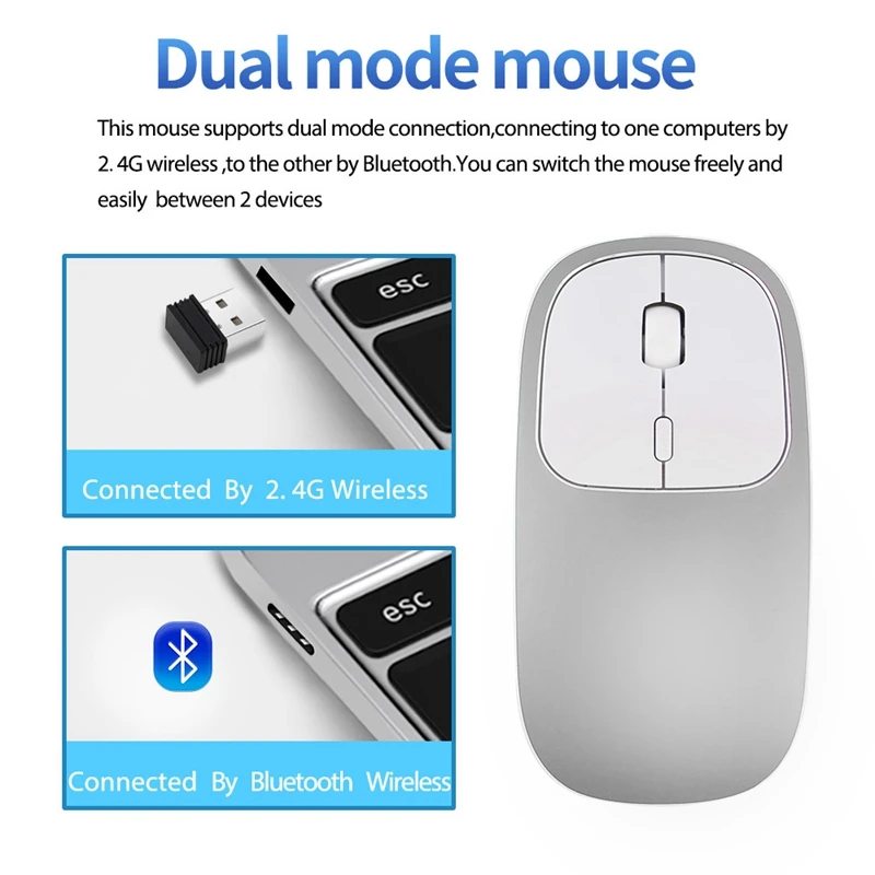 Металлическая Bluetooth и 2,4G беспроводная мышь из сплава ультра-тонкая подзарядка портативная эргономичная мышь для Mac Pc ноутбук серебро