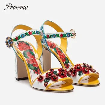 

Prowow New Genuine Leather Printed Floral Emblishement Summer Sandals Open Toe Buckle Strap HIgh Heel Chunky Heel Ladies Sandals