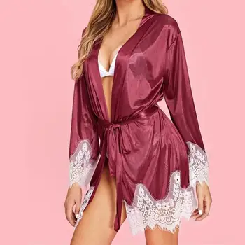 

New Sexy Women's Lace Silk Satin Nightgown + Bathrobe Pajamas Sets Long Sleeve Sleepwear lounge Set female Nightdress Homewear