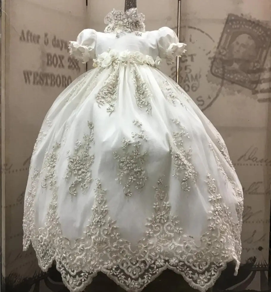 Vintage White Ivory Baby Girls Christening Gown Lace Short Sleeve Baptism Dress 
