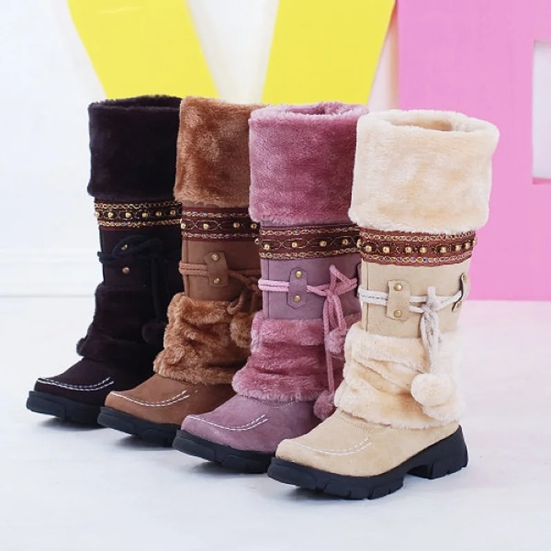 Winter Women Mid-Calf Shoes Wool Knee Wedge Boots Fringe Lambswool Suede 