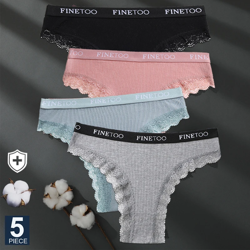 

FINETOO 5PCS/Set M-XXL Cotton Panties Women's Letter Thong Girls Brazilian Panty Sexy Lace Underwear For Woman Lingerie Bikini