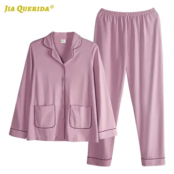 

New Soft Pajamas for Woman Front Pocket Turn Down Collar Homesuit Long Sleeve Long Pants Fashion Style Casual Style Pajama Set