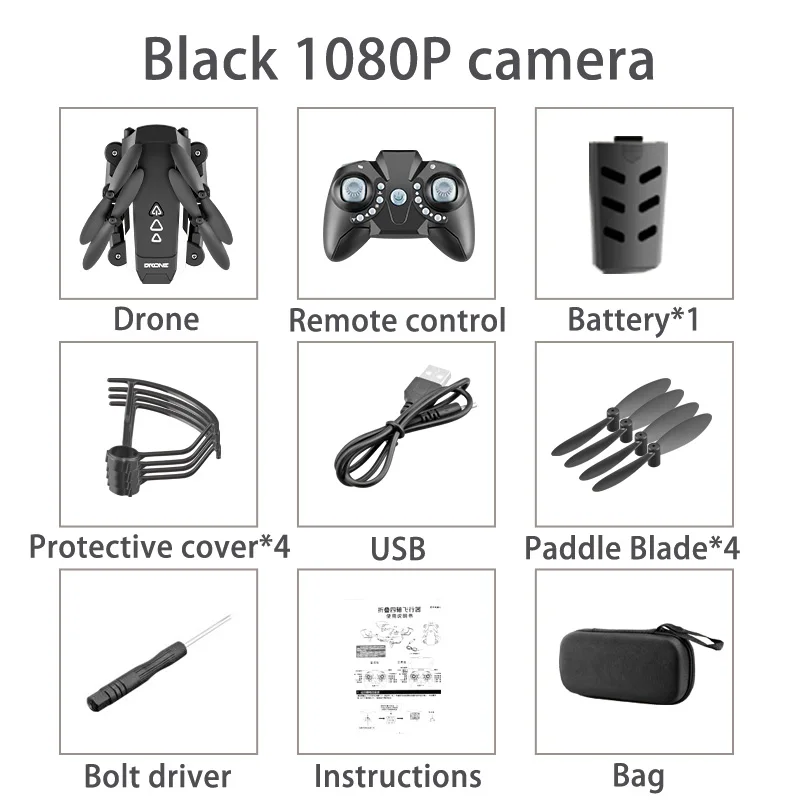 XKJ мини складной супер длинный самолет на выносливость KK8 Camera1080P один ключ возврат мини Квадрокоптер детские игрушки - Цвет: Black 1080P 1B Bag