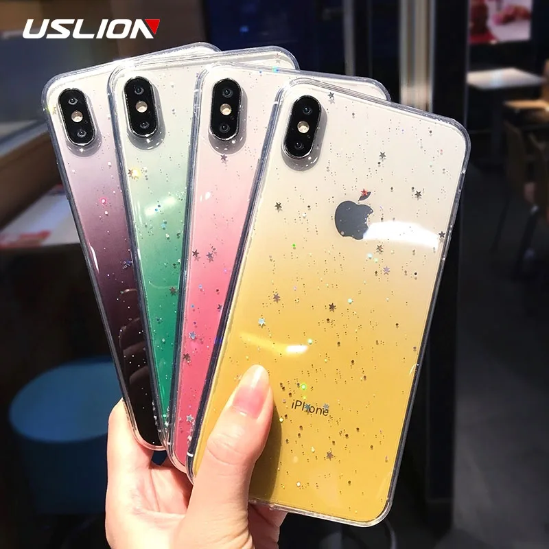 

USLION Gradient Glitter Bling Phone Case For iPhone X XS XR Xs Max Soft TPU Colorful Stars Back Cover For iPhone 6 6s 7 8 Plus