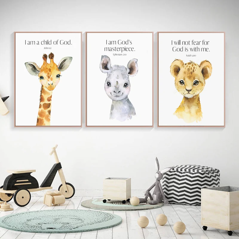 Kid's Bible Verse Wall Art Safari Nursery Decor Watercolor Animal Prints Elephant Christian Gift Children's Bedroom Decoration