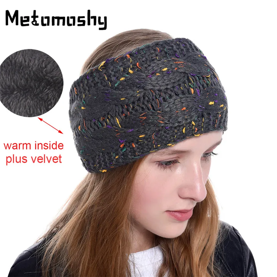 

Winter Warmer Ear Knitted Headband Plus Velvet Thicken Turban Crochet Bow Wide Stretch Solid Hairband Headwrap Hair Accessories