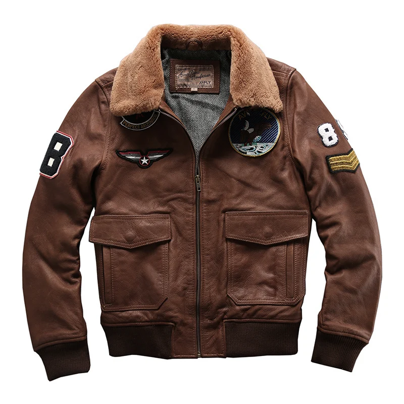 A-1736 Read Description! Asian size Wool collar genuine cow leather coat mans cowhide air force leather biker jacket