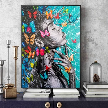 

African Black Woman Graffiti Art Posters And Prints Abstract African Girl Butterfly Canvas Paintings Wall Art Picture Wall Decor