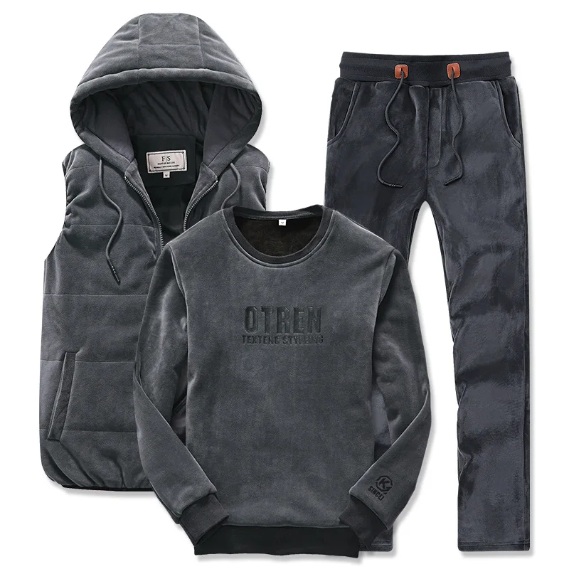 Gray AmberHeard Winter Warm Men Sport Suit Hooded Vest+Pants+Sweatshirt Gold Velvet Sportswear 3 Piece Set For Men Tracksuit Clothing - Цвет: Gray