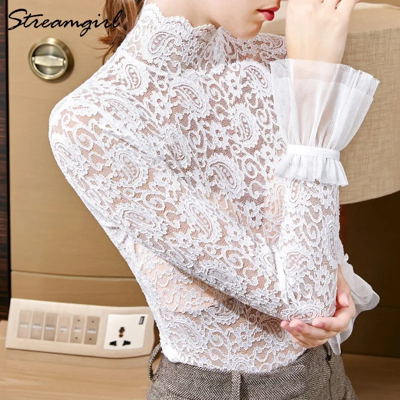 Women Blouses Lace Elegant Embroidered Blouse Spring Women Tops And Blouses For Office Lace Shirt Woman Transparent Blouse Woman