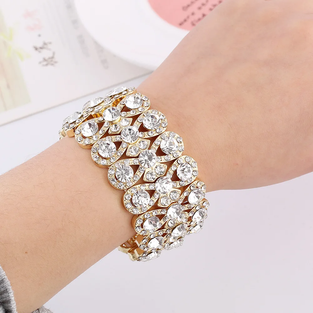 Bracelet Jewelry Wedding Jewelry Luxury Full Crystal Rhinestones Gold Color Bracelets for Women Bride Stretch Rope Wide Bracelets & Bangles Gift