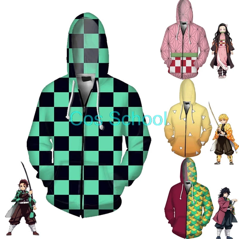 Cos School Kamado Tanjirou Nezuko Hoodies Demon Slayer Kimetsu no Yaiba Sweatshirts Agatsuma Zenitsu Tomioka Giyuu Hooded Jacket