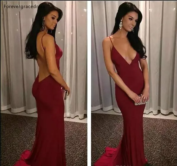 2018 Sexy Simple Burgundy Mermaid Prom Dresses Spaghetti Straps Backless Sweep Train Satin Formal Evening Dress Party Gowns Custom Cheap 99