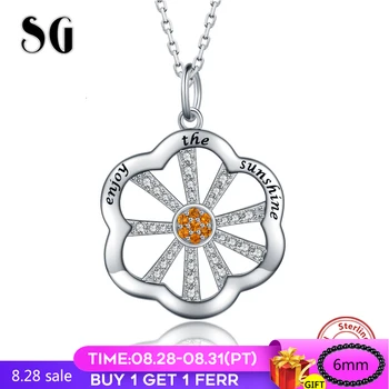 

New Listing Sparkling Radiant Flower & Sunshine Pendant Necklace for Women 925 Sterling Silver Link Chain Collar Wedding Jewelry