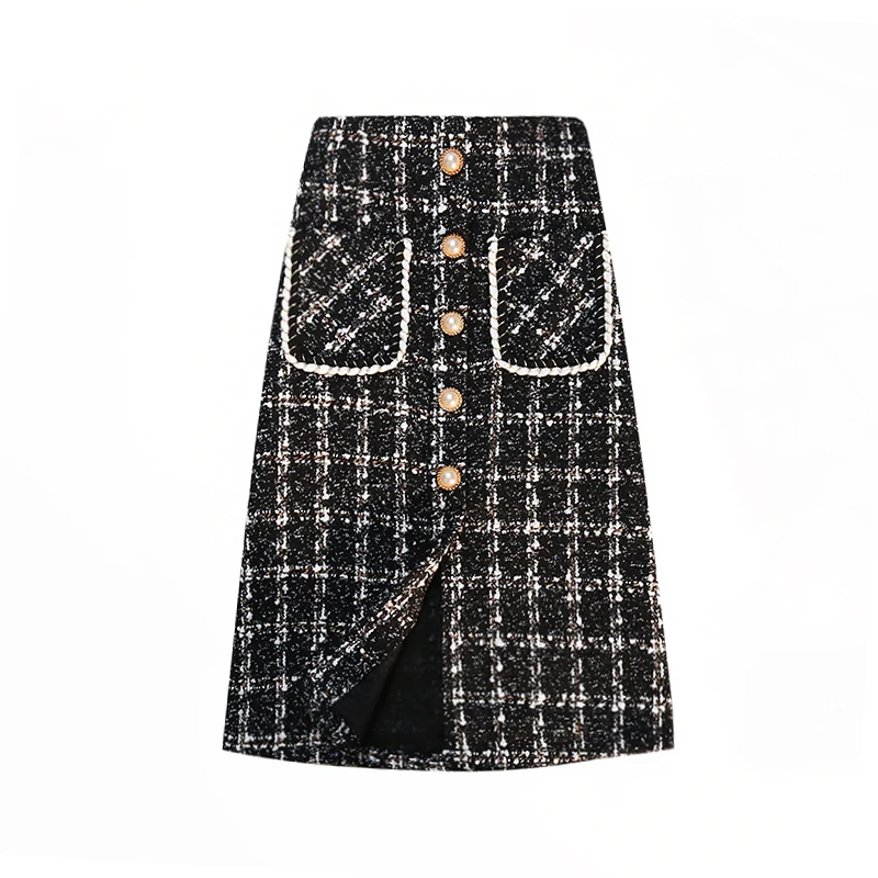 Winter New Woolen Skirts Women Vintage High Waist Plaid Long Woolen Skirt Office Ladies Fashion Elegant Skirts Female