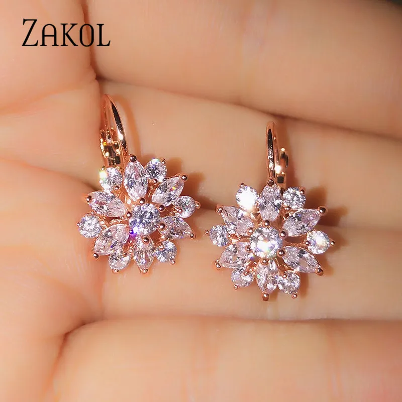 Hoop Earrings Crystal Women Jewelry ZAKOL Rose-Gold-Color Fashion Clear for Brincos FSEP609