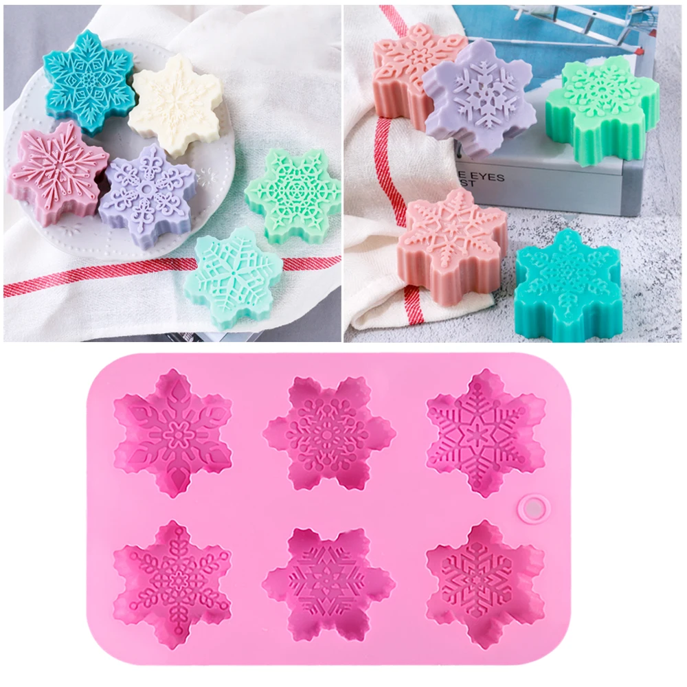 

6-Piece Different Patterns Christmas Snowflake Shaped Silicone Cake Mold Baking Decorating Mold DIY Handmade Chocolate Soap Mold