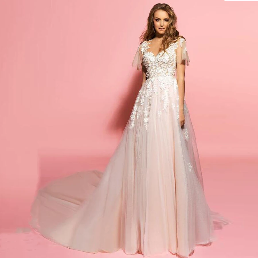 

Abito da sposa O-neck neckline Handmade Flowers Short Sleeve A-line Wedding Dress with Lace Applique Beading Illusion Tulle