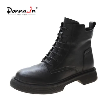 

Donna-in Genuine Leather Classic Black Boots Lace Up Motorcycle Boots With Arch Rubber Sole Women Autumn Shoes Ladies