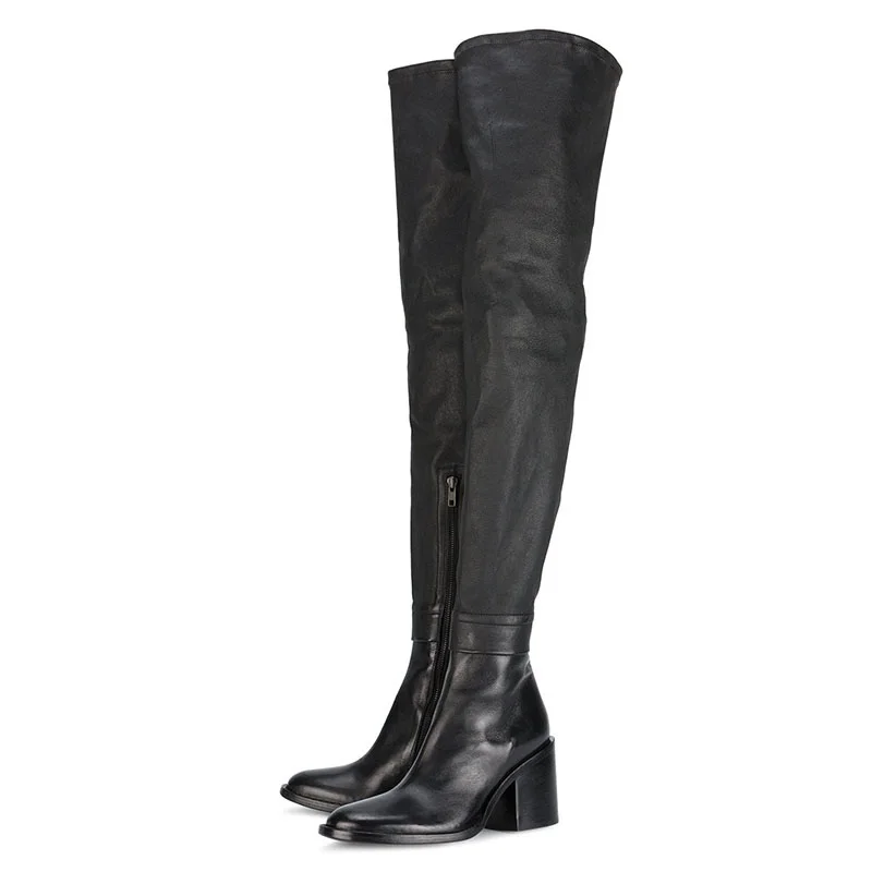 ZALAVOR, новые сапоги выше колена из натуральной кожи на высоком квадратном каблуке на молнии пикантные осенние сапоги женская обувь размер 31-45