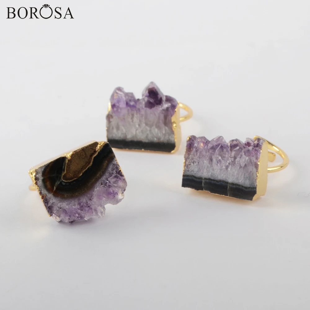 BOROSA 5/10 шт. натуральными аметистами ломтик произвольной формы Золотое кольцо ювелирные кольца с фиолетовыми кристаллами Натуральный камень кольцо Обручальные кольца G1935
