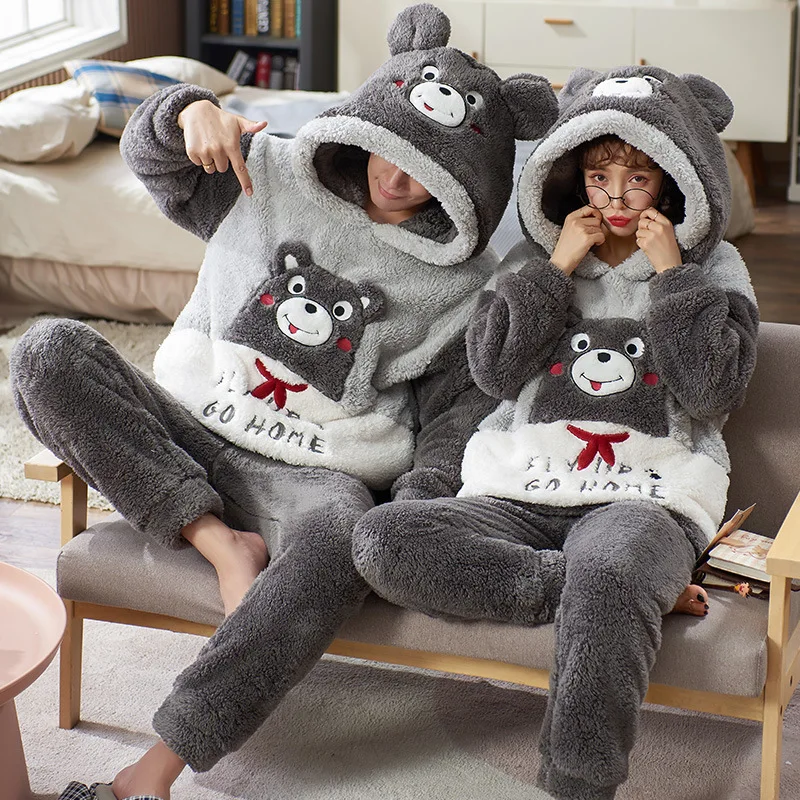 Flannel Sleepwear Winter Women Pajamas set Man pyjama suit Couple loungewear Warm home clothes conjunto femenino homme Freeship