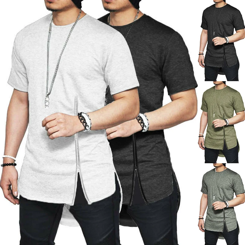 Summer Mens Solid T-shirt Short Sleeve Zipper Slim Tee Men Fashion Crew Neck Longline Oversized Plain Tops Casual Daily 4 Color