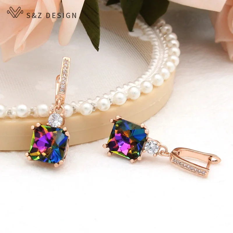 S&Z DESIGN Fashion Elegant Square Crystal Dangle Earrings For Women 585 Rose Gold Color Cubic Zirconia Jewelry Fine Eardrop