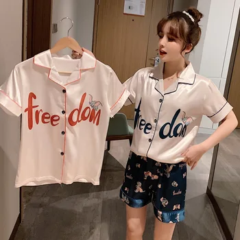 

2020 Summer Short-Sleeved Cardigan Lapel Silk Artificial Viscose Fiber Homewear Set Can Be Worn Outside Korean Style Pajamas