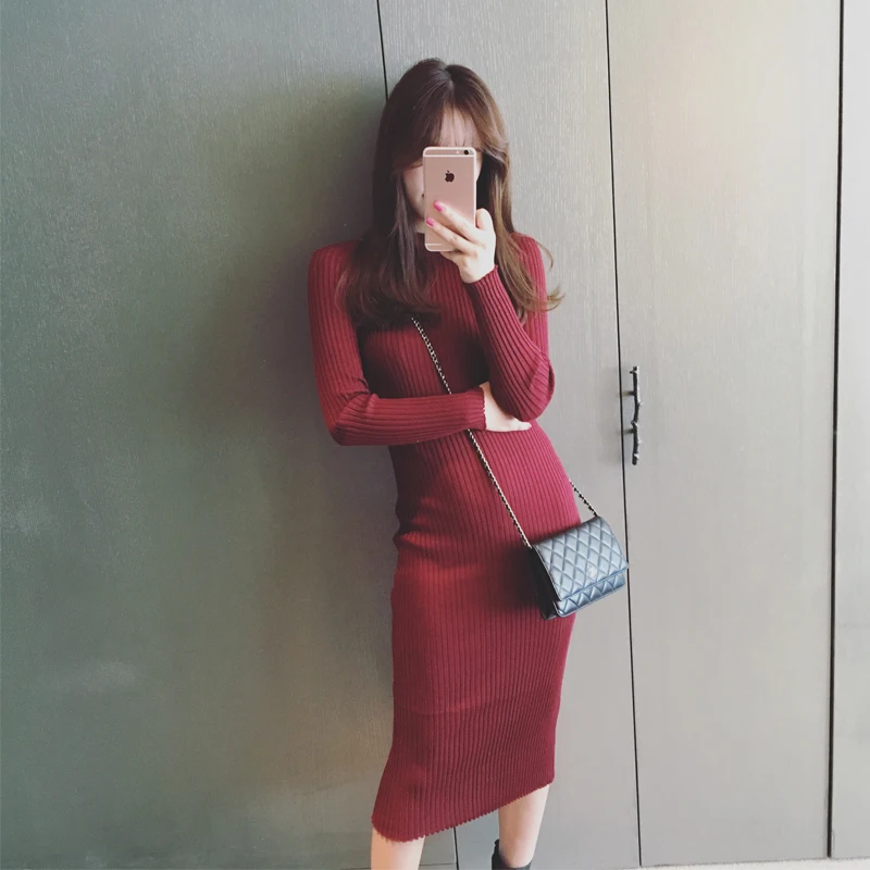 Осенне-зимнее теплое женское платье-свитер с высоким воротом из шерсти модное