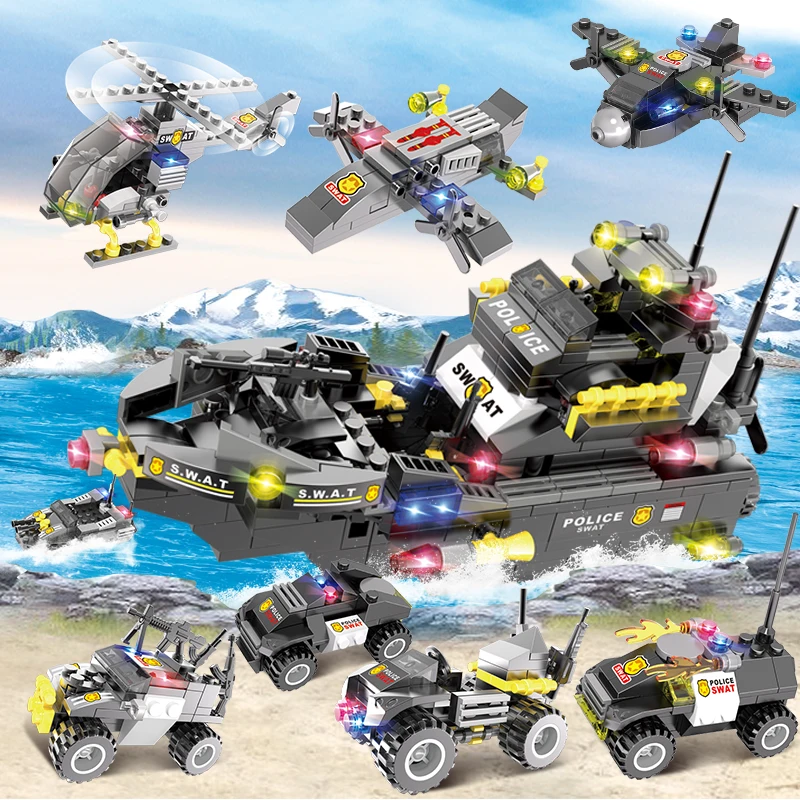 544 Pcs 8 in1 Technic Building Blocks City Police Station Marines Airplane Battleship Speedboat Truck Military Bricks Toys | Игрушки и