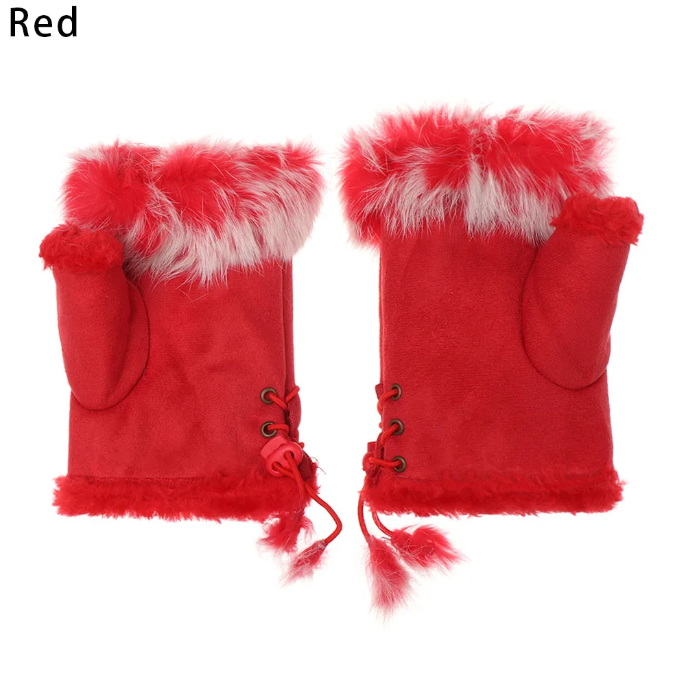 Зимние осенние теплые модные наручные перчатки для девочек из искусственного кроличьего меха, вязаные женские вязаные варежки без пальцев, перчатки с открытыми пальцами - Цвет: 2-red