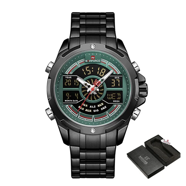 BlackGreenWithBox NAVIFORCE часы мужские цифровые часы с двойным дисплеем новые роскошные брендовые водонепроницаемые кварцевые наручные часы для мужчин Relogio Masculino - Цвет: BlackGreenWithBox