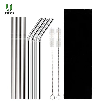

UNTIOR 4Pcs Reusable Drinking Straw 304 Stainless Steel Metal Straws Cleaning Brush Set Party Bar Accessory Wholesale