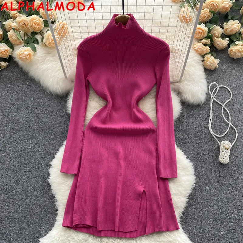 

Женское трикотажное платье ALPHALMODA, однотонное с длинным рукавом с высоким воротником и разрезом, а-силуэт, Повседневное платье-свитер