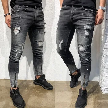 

2020 AUTUMN Spring Men's Ripped Print Street HIP HOP Punk Stretch Bike Jeans Trendy Holes Straight Denim Trouers