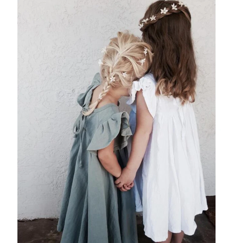 Girls Dress Summer Toddler Princess Cotton Causal Ruffles Pure Color Korean Japan Style